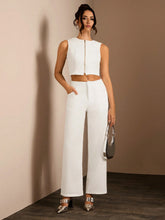 Glamine 2Pcs/Set Women Solid Color Front Zip Sleeveless Top And Long Pants, Elegant & Fashionable